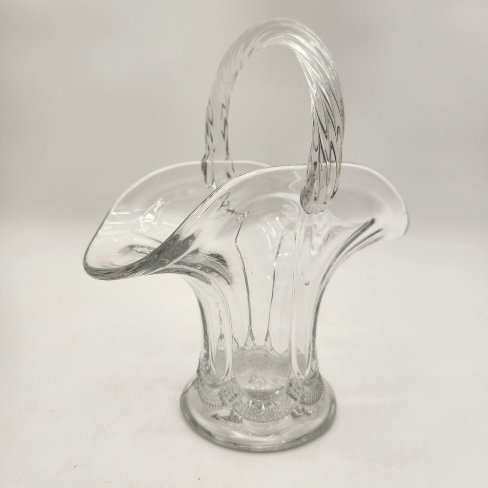 Antique‎ Clear Pressed Glass Basket Twisted Rope Handle Diamond Point Base EAPG